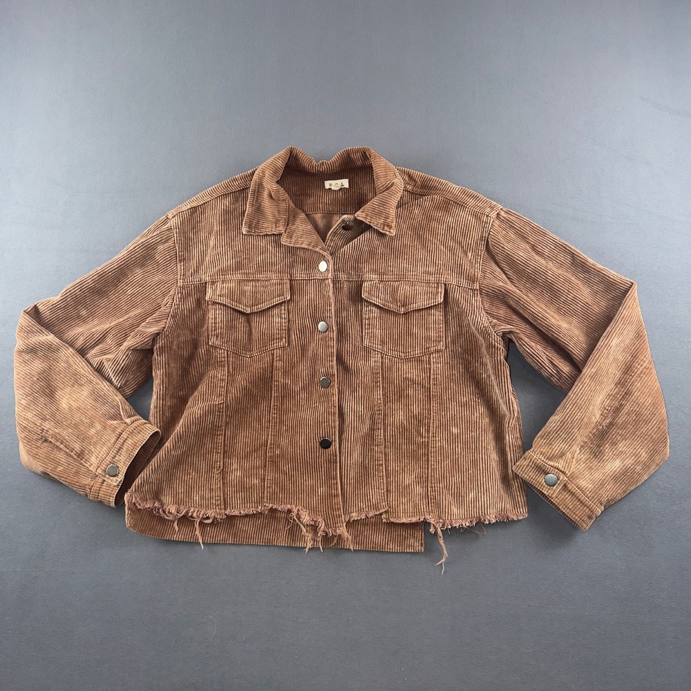 POL Womens Brown Corduroy Frayed Hem Button Front Jacket JFT399 Large